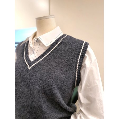 V넥 배색 니트 조끼 그레이