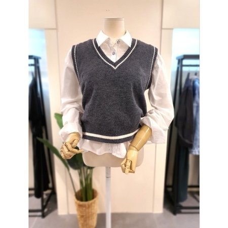 브이넥 배색 니트 조끼 아이보리