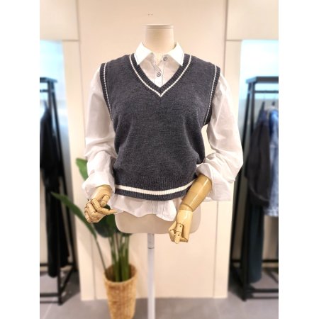 브이넥 배색 니트 조끼 아이보리