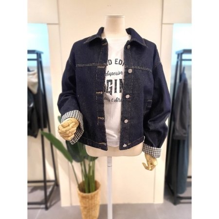 체크 소매 청자켓 다크블루