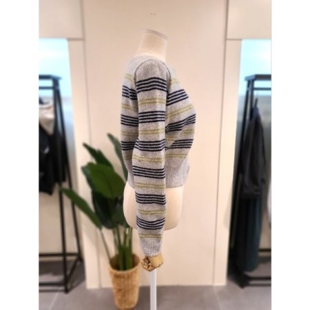 스트라이프 믹스 크롭 가디건 그레이