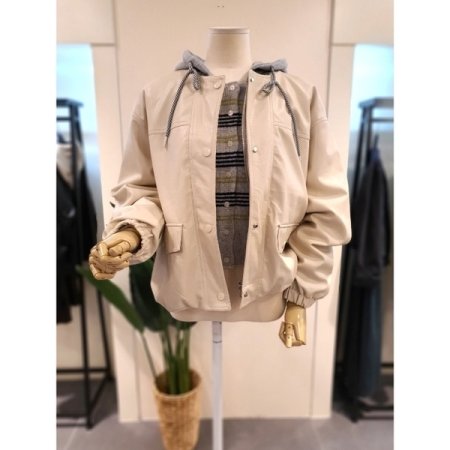 후드집업 가죽 점퍼 크림