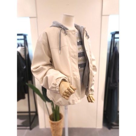 후드집업 가죽 점퍼 크림