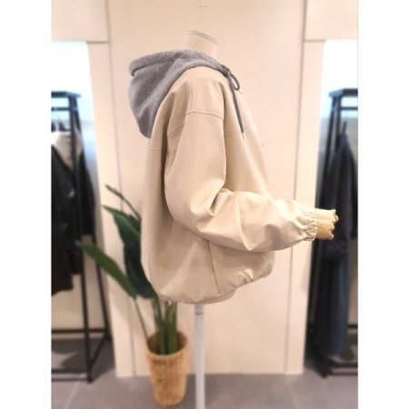 후드집업 가죽 점퍼 크림