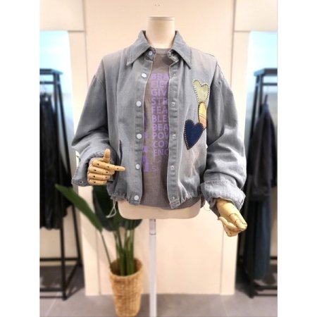 하트 패치 스트링 데님 셔츠 블루