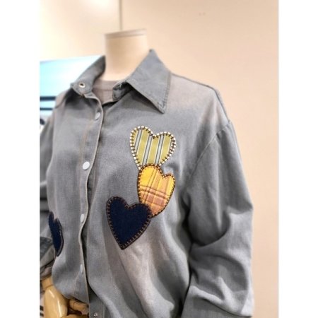 하트 패치 스트링 데님 셔츠 블루