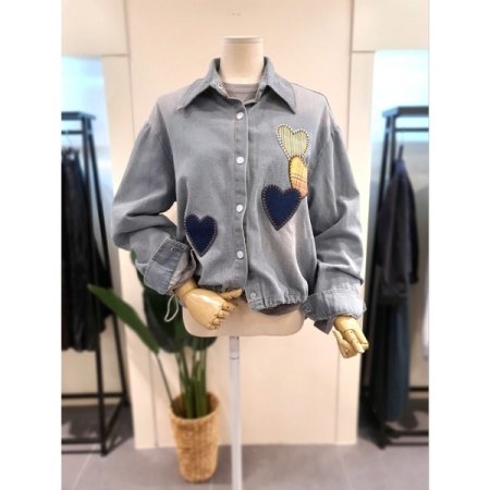 하트 스트링 데님 셔츠 다크블루