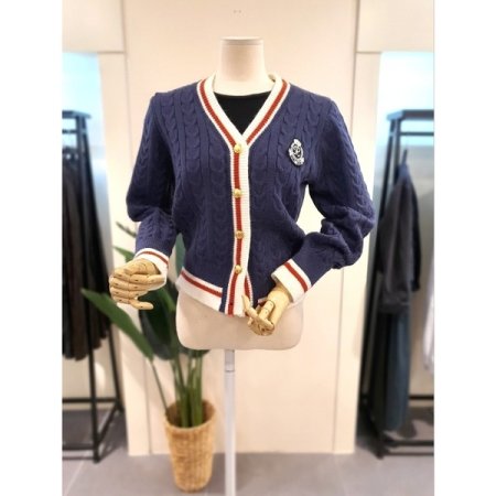 패치 배색 꽈배기 가디건 그레이