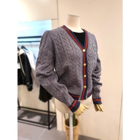 패치 배색 꽈배기 가디건 그레이