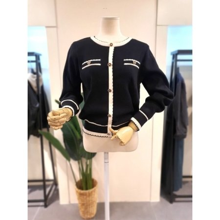 레인 장식 가디건 니트 블랙