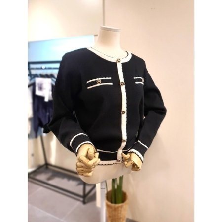 레인 장식 가디건 니트 블랙