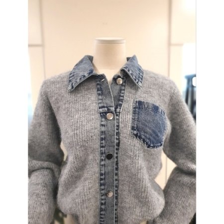 데님 배색 니트 가디건 그레이