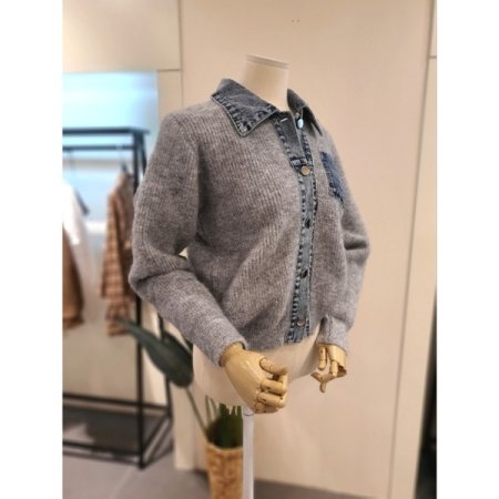 데님 배색 니트 가디건 그레이