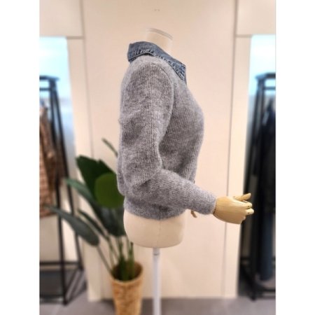 데님 배색 니트 가디건 그레이