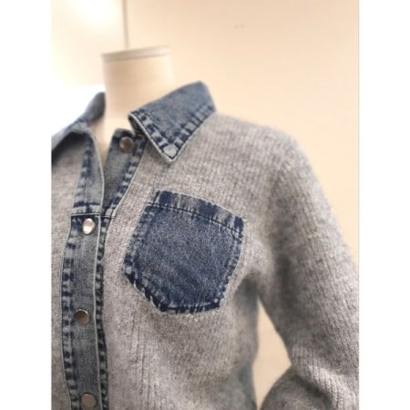 데님 배색 니트 가디건 그레이