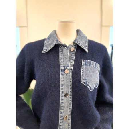 데님 배색 니트 가디건 베이지