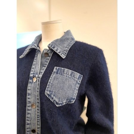 데님 배색 니트 가디건 베이지