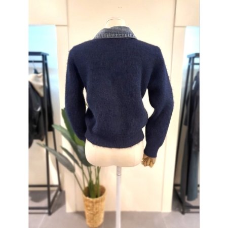 데님 배색 니트 가디건 베이지