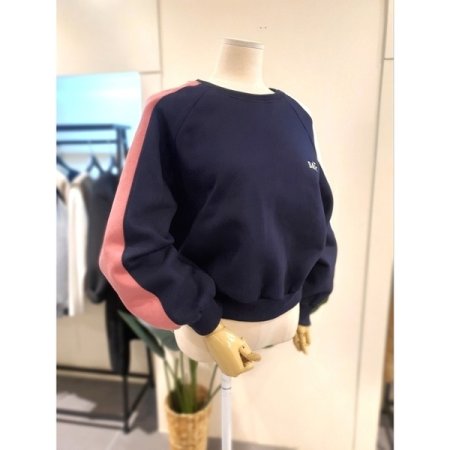 데이 배색 자수 기모 맨투맨 네이비