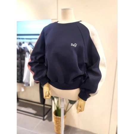 데이 배색 자수 기모 맨투맨 네이비