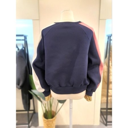 데이 배색 자수 기모 맨투맨 네이비