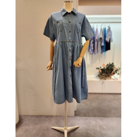 리본 끈 청 카라 원피스