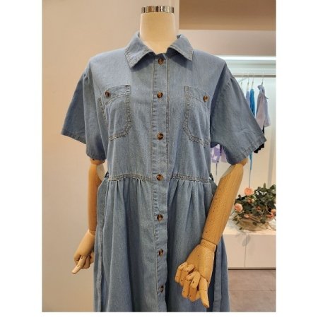 리본 끈 청 카라 원피스