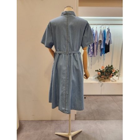 리본 끈 청 카라 원피스