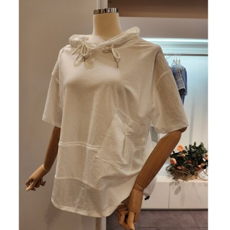 후드넥 배색포켓 스트링 티셔츠