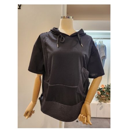 후드넥 배색포켓 스트링 티셔츠