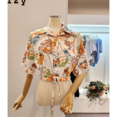 프린팅 스트링 크롭 셔츠