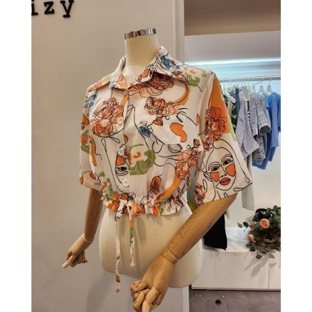 프린팅 스트링 크롭 셔츠