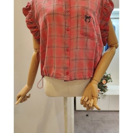 리본자수 셔링소매 체크셔츠