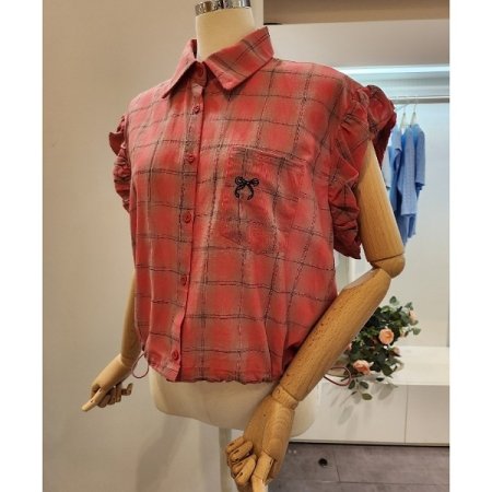 리본자수 셔링소매 체크셔츠