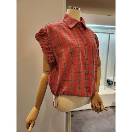 리본자수 셔링소매 체크셔츠