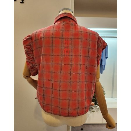 리본자수 셔링소매 체크셔츠