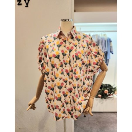 튤립 프린팅 소매셔링 블라우스