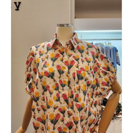 튤립 프린팅 소매셔링 블라우스