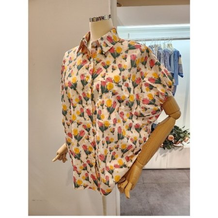 튤립 프린팅 소매셔링 블라우스