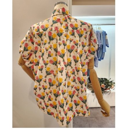 튤립 프린팅 소매셔링 블라우스