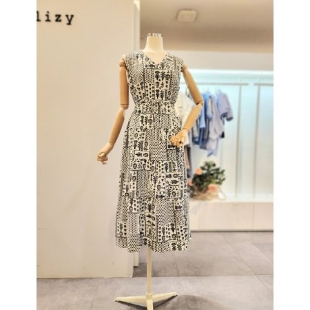 프린트 스트링 민소매 원피스