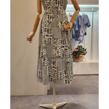 프린트 스트링 민소매 원피스