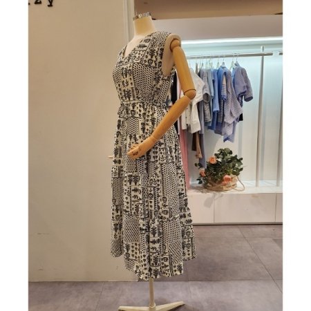 프린트 스트링 민소매 원피스