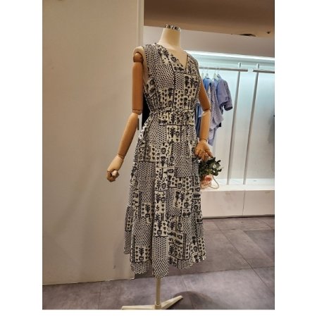 프린트 스트링 민소매 원피스