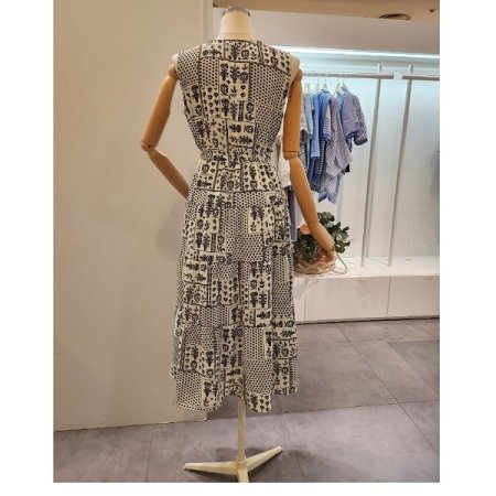 프린트 스트링 민소매 원피스