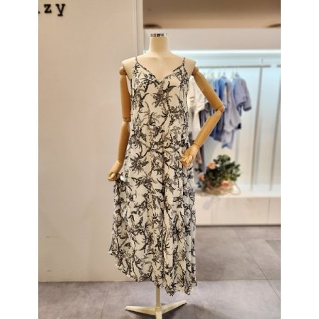 잔꽃 프린트 끈 롱 원피스