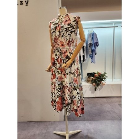 카라 민소매 허리 끈 원피스