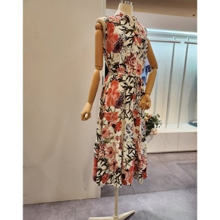 카라 민소매 허리 끈 원피스