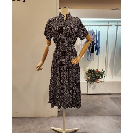 네모 패턴 허리 끈 원피스