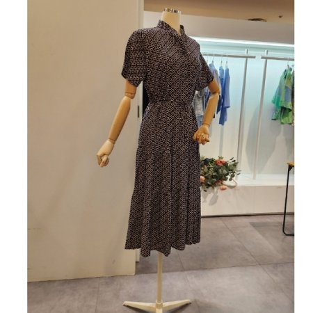 네모 패턴 허리 끈 원피스